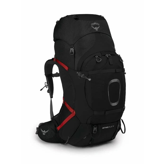 Black Osprey hiking backpack with red accents on a white background