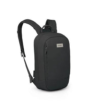 Black backpack with a visible brand label on a white background