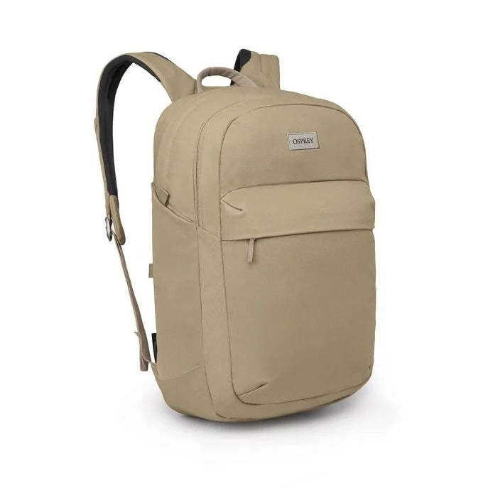 Beige backpack with a visible brand logo on a white background