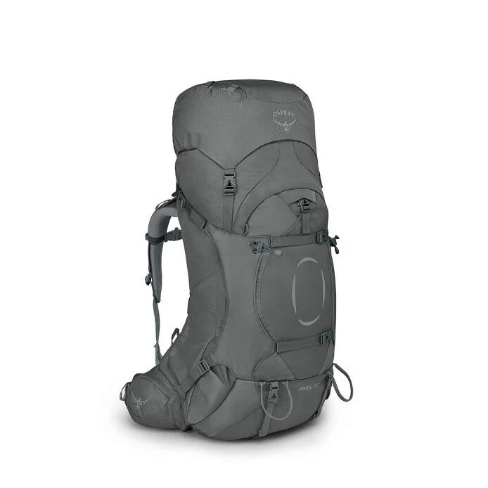 Gray backpack with visible brand logo on a white background