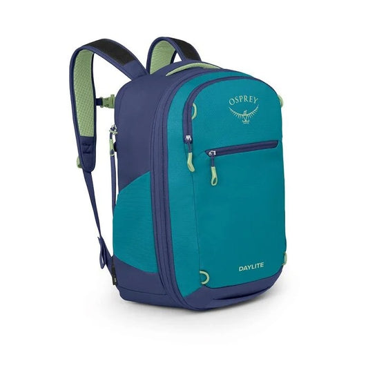Teal and navy Osprey backpack on a white background