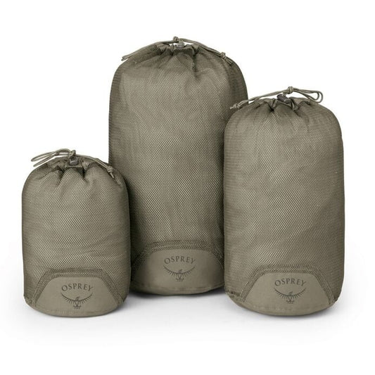 Three Osprey packing cubes of different sizes on a white background