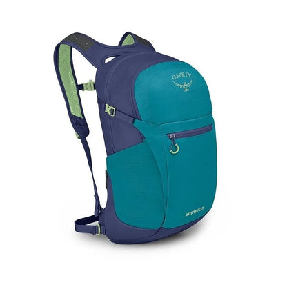 Teal and navy Osprey backpack on a white background
