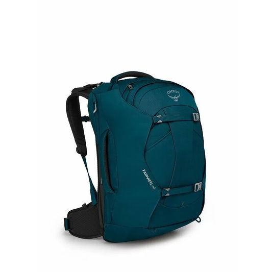 Teal backpack with Osprey logo on a white background