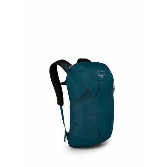 Teal backpack with a brand logo on a white background