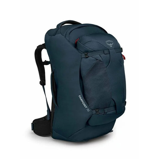 Blue backpack with visible branding on a white background