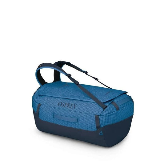 Blue Osprey travel duffel bag on a white background