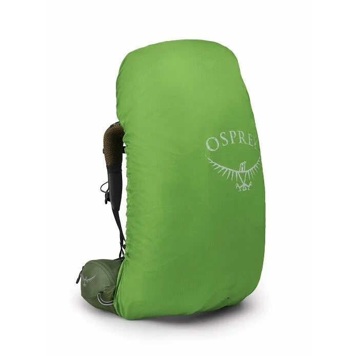Green Osprey backpack cover on a white background