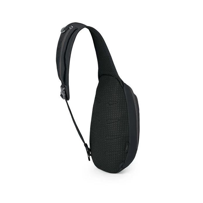 Black sling bag on a white background
