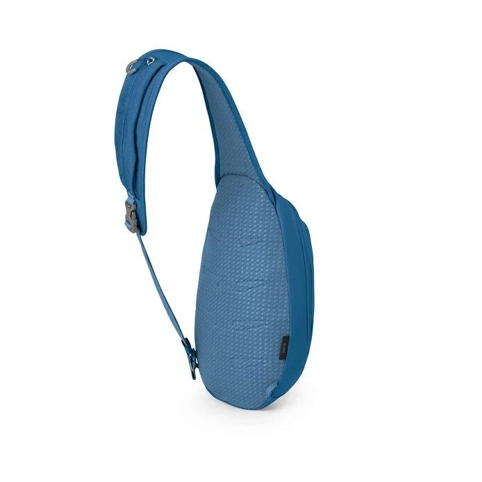 Blue sling bag on a white background