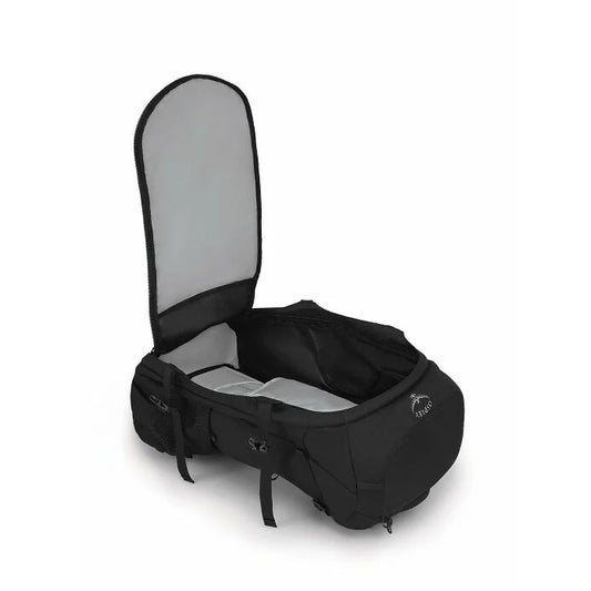 Black baby carrier with open lid on a white background