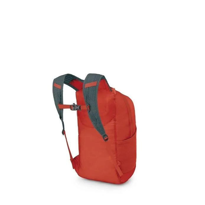 Red backpack with gray straps on a white background