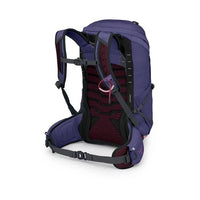 Purple backpack with black straps on a white background