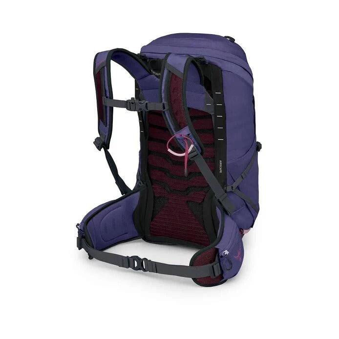 Purple backpack with black straps on a white background