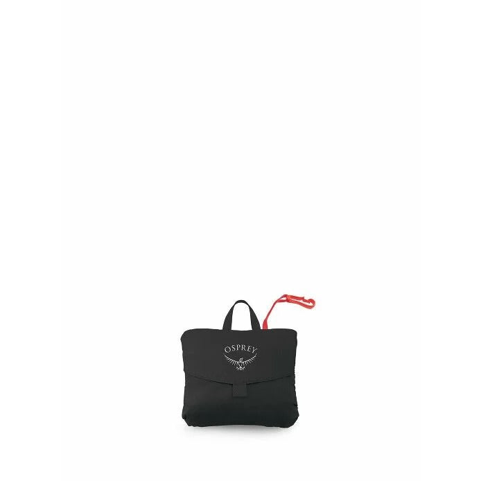 Black Osprey bag with a red handle on a white background