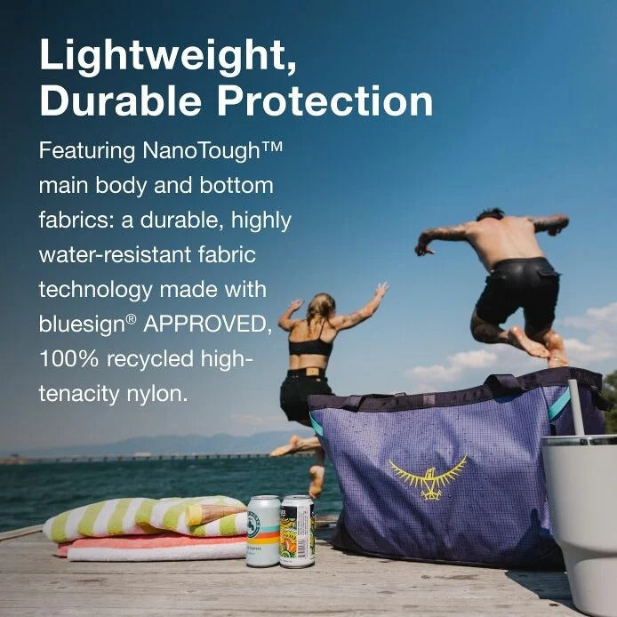 Two people jumping off a dock with a bag and drinks on a wooden platform by the water, text about product features.