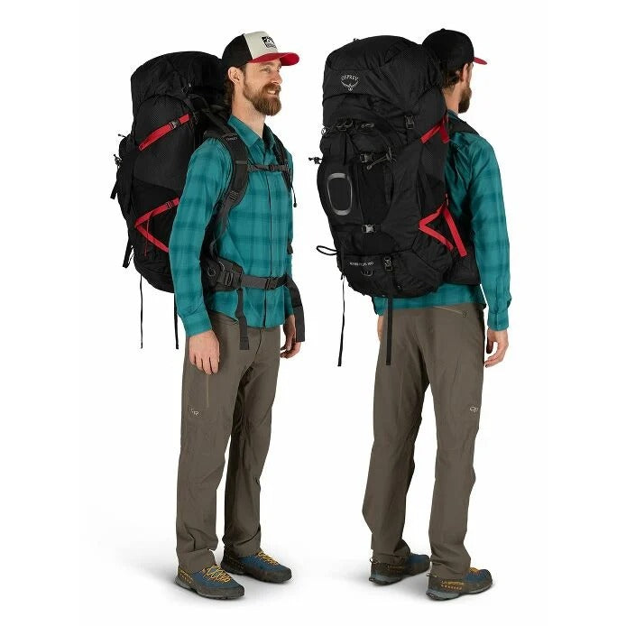 Man wearing a large black backpack with red accents, shown from front and side views.