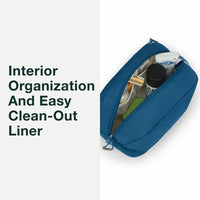 Blue organizer with items inside on a white background, text 'Interior Organization And Easy Clean-Out Liner'.