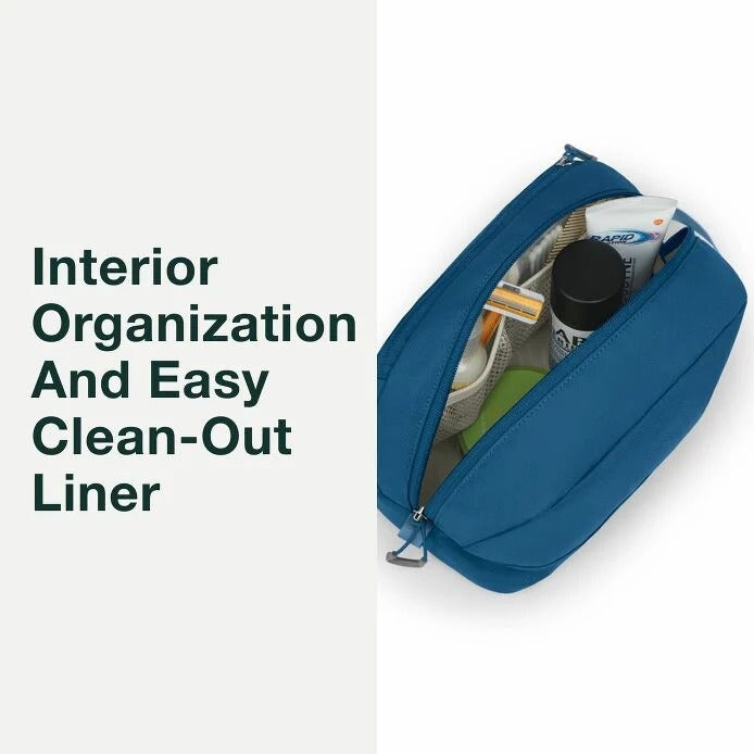 Blue organizer with items inside on a white background, text 'Interior Organization And Easy Clean-Out Liner'.