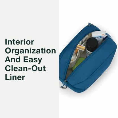 Blue organizer with items inside on a white background, text 'Interior Organization And Easy Clean-Out Liner'.