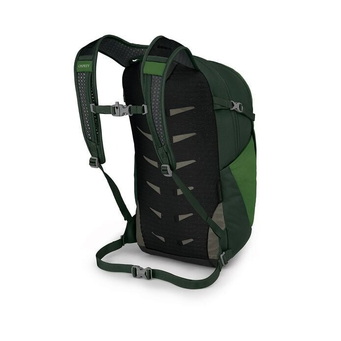 Green and black backpack on a white background