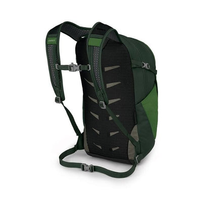Green and black backpack on a white background