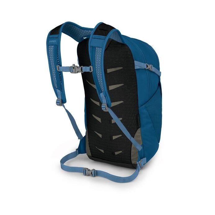 Blue and black backpack on a white background