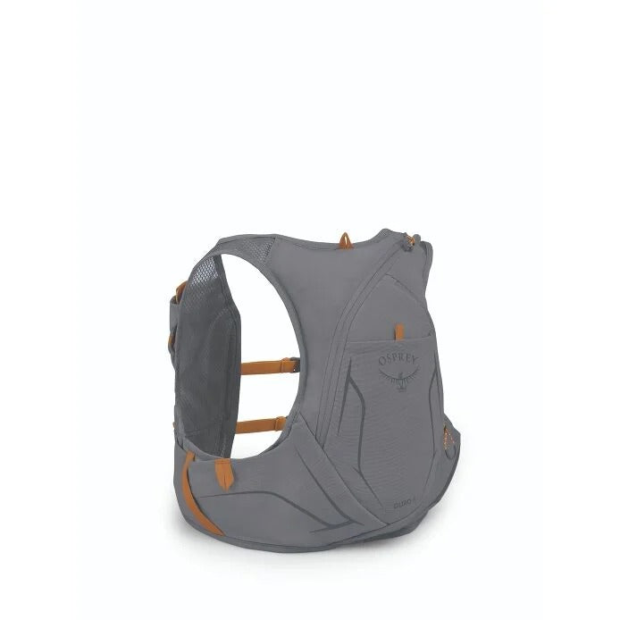 Gray hydration vest with brown accents on a white background