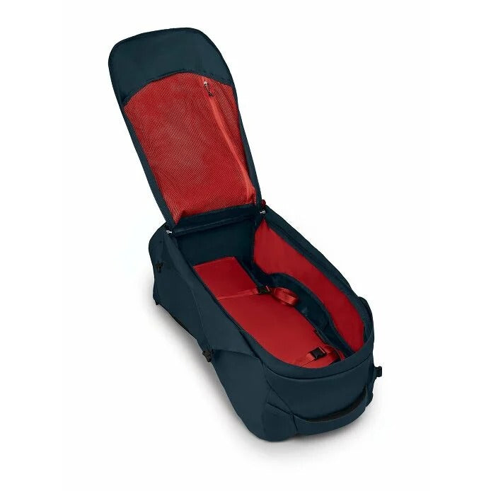 Navy and red backpack on a white background