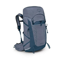 Gray and blue Osprey backpack on a white background