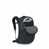 Black backpack with a gray compartment on a white background