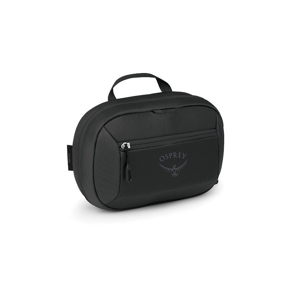Large toiletry bag in black with top handle, front zip pocket, and OSPREY logo.