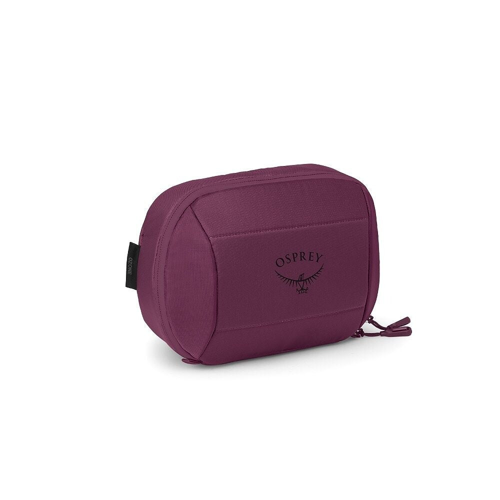 Ozone toiletry bag in moody burgundy, zip-top case with front logo and side zipper pull