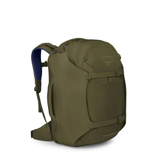 Olive green 30L travel backpack, padded straps and front organizer panel