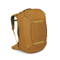 Barley brown travel backpack with front panel straps and OSPREY logo, 65L capacity