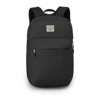 Black backpack with a brand logo on a white background
