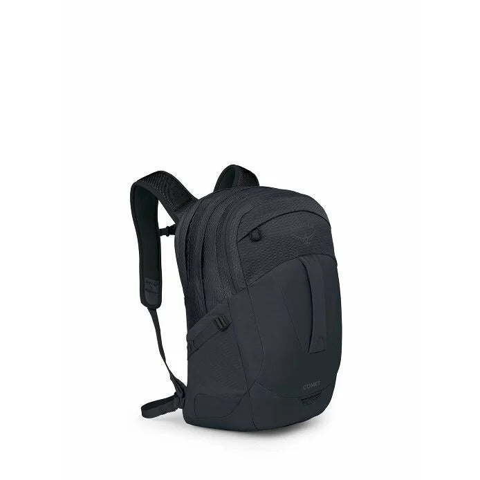 Black 30L backpack with curved front panels and padded shoulder strap