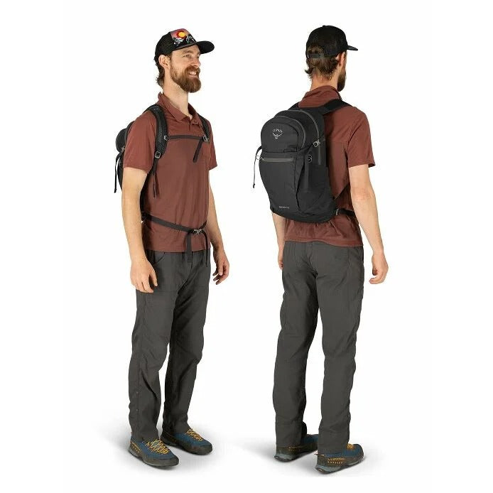 Man wearing a black backpack from front and back views on a white background