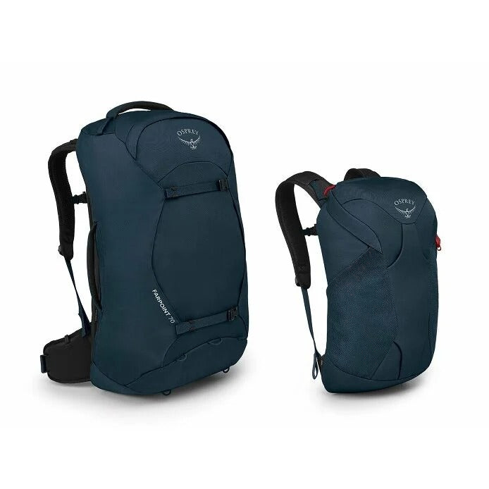 Two blue backpacks with Osprey logo on a white background