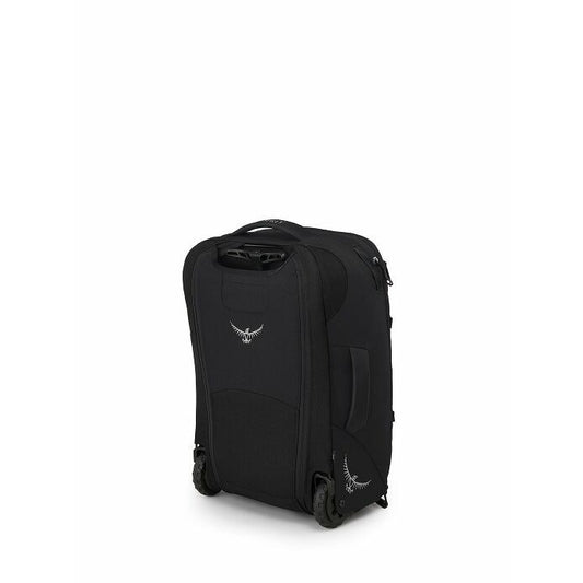 Black suitcase with a brand logo on a white background