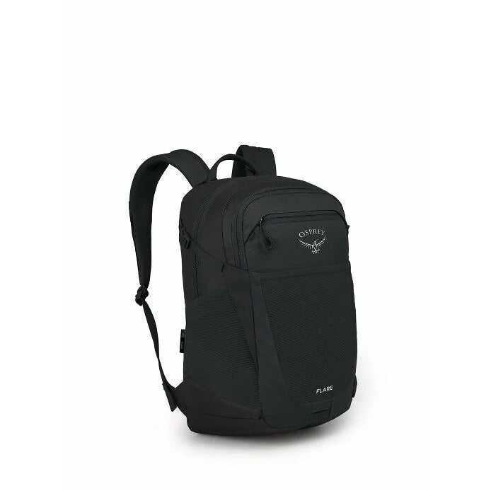 Black daypack backpack with front zip pocket, small logo patch, and top carry handle