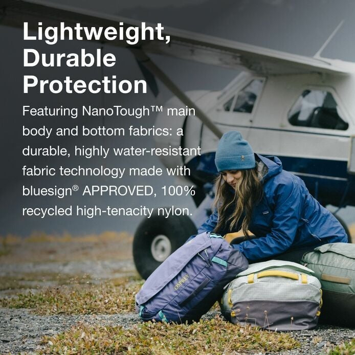 Person packing a backpack with text about lightweight, durable protection and water-resistant fabric.