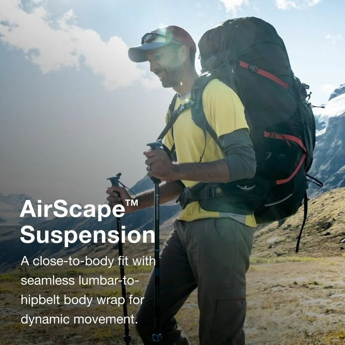 Man hiking with a large backpack on a mountainous landscape, featuring text about AirScape Suspension.