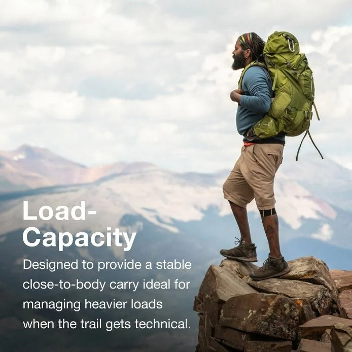 Hiker with a large backpack on a mountain peak with text about load capacity.