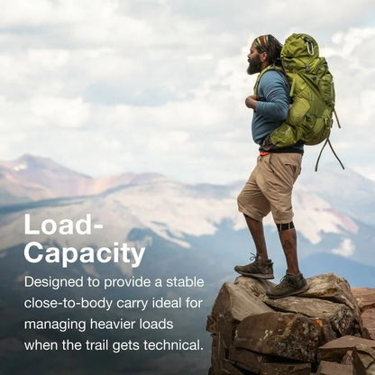 Hiker with a large backpack on a mountain peak with text about load capacity.