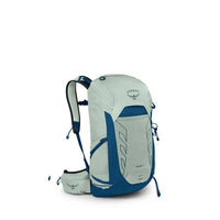 Gray and blue Osprey backpack with a smaller pouch on a white background