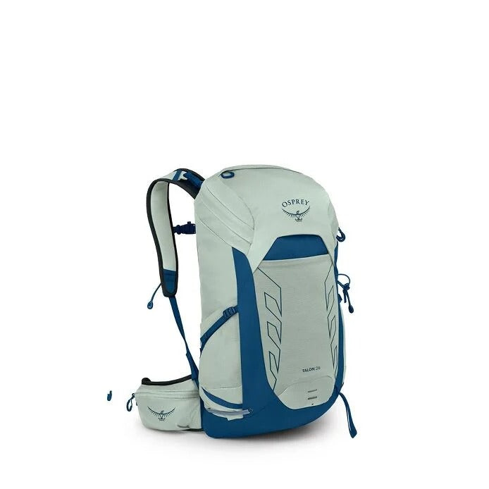 Gray and blue Osprey backpack with a smaller pouch on a white background