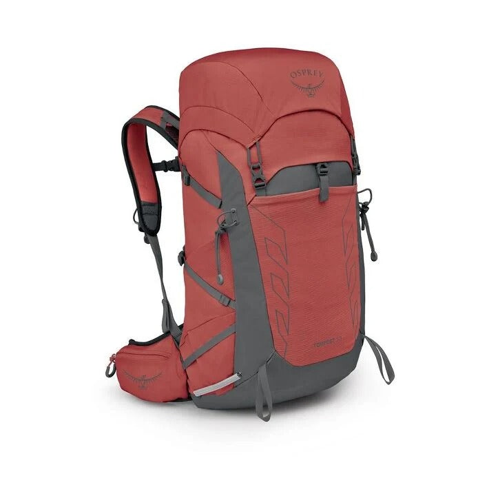 Red Osprey backpack on a white background