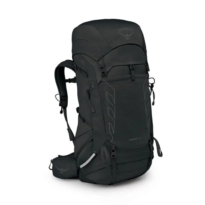Black Osprey hiking backpack on a white background