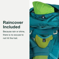 Teal and green backpack with raincover included, featuring text about rain protection.
